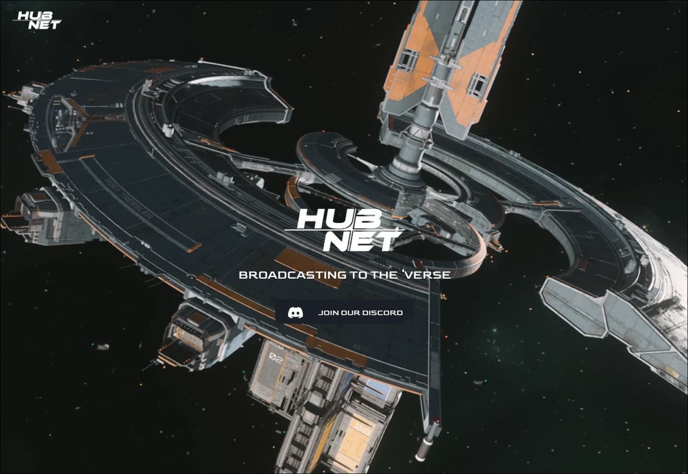 Hubnet landing page — its logo over a sci-fi space station in space