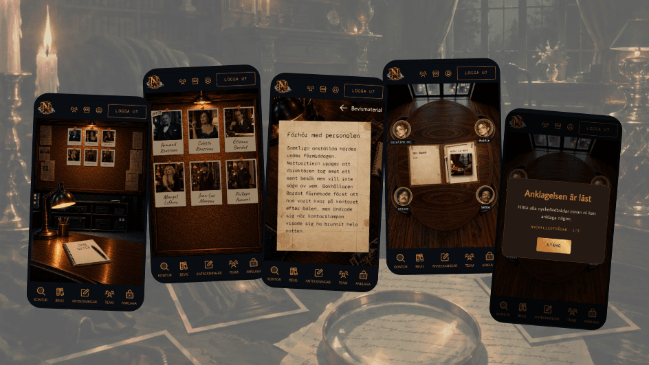 Six Nocturne murder-mystery game screens presented as a mobile interface collection